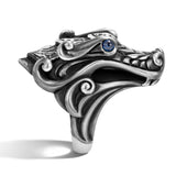 John Hardy Mens Legends Naga Dragon Ring in Volcanic Texture Silver with Blue Sapphires - Side View
