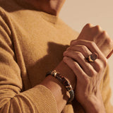 Model Wearing John Hardy Mens Red Tiger Iron Black Rhodium and Bronze Signet Ring