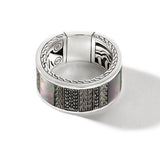 John Hardy Mens Black Striped Band Ring in Rhodium Silver with Black Sapphires