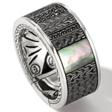 John Hardy Mens Black Striped Band Ring in Rhodium Silver with Black Sapphires - Close-up