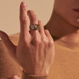 Model Wearing John Hardy Mens Tiga Ring 18K Gold Triangle Signet Ring in Sterling Silver