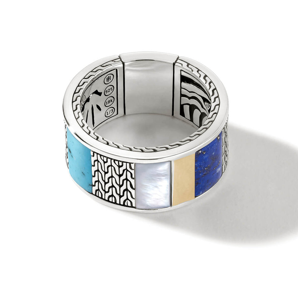 John Hardy Mens Blue Striped Inlay Classic Band Ring in Sterling Silver
