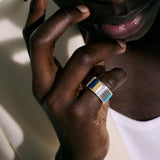 Model Wearing John Hardy Mens Blue Striped Inlay Classic Band Ring in Sterling Silver