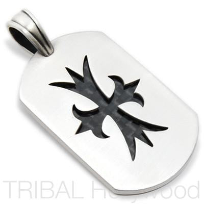 COURAGEOUS CROSS CARBON FIBER DOG TAG Pendant in Silver | Tribal Hollywood