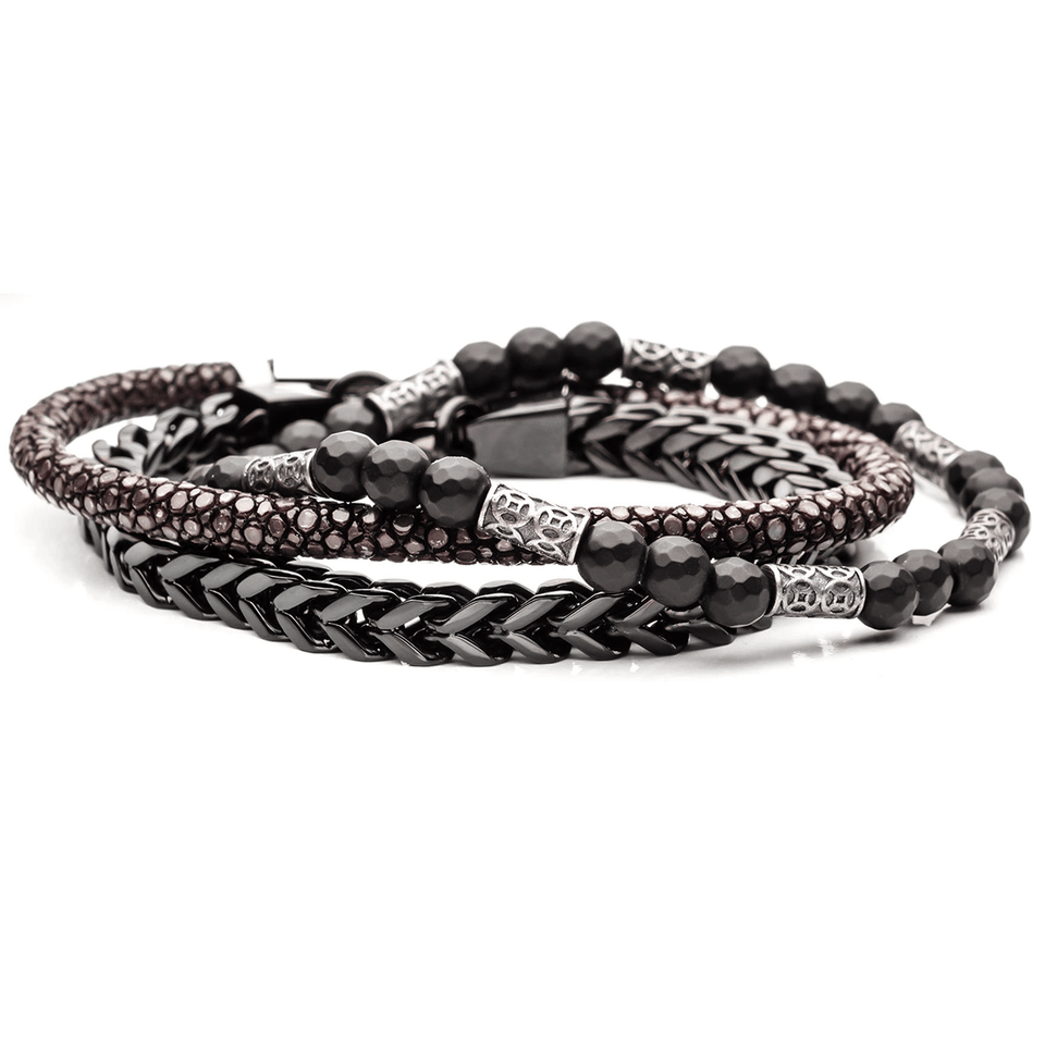 Bead and Leather Bracelet Stack with Black Steel