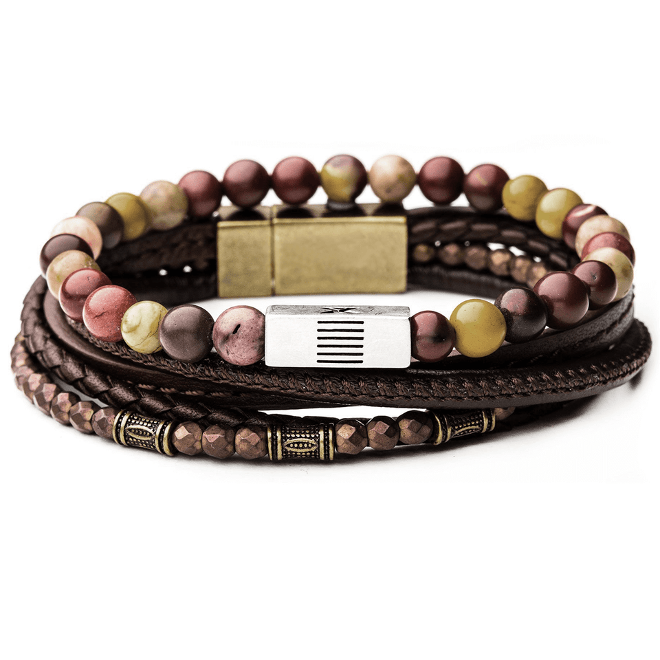 CANDYSHOP Mens Bracelet Stack with Multicolor Beads and Brown Leather