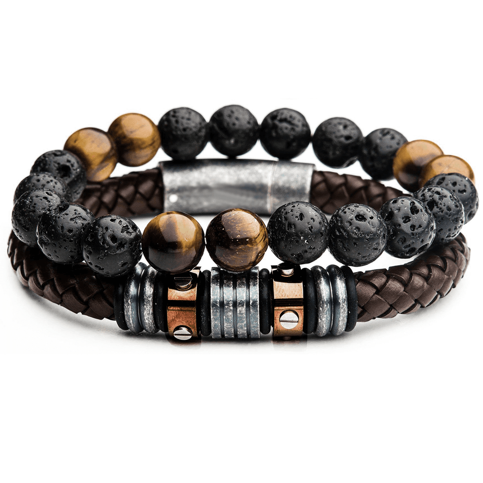 MASON Leather and Bead Mens Bracelet Stack w/ Black Lava and Tiger Eye