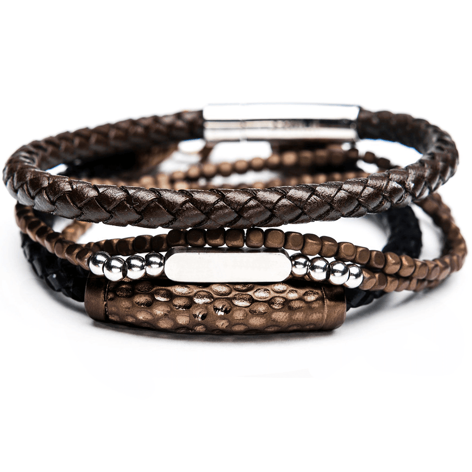 CACAO Brown Leather and Cappuccino Steel Bracelet Stack for Men