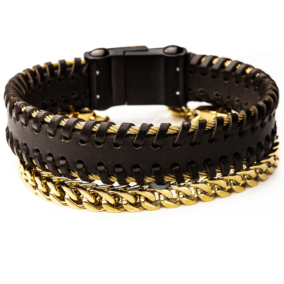 GOLDMINE Mens Bracelet Stack with Brown Leather Cuff & Gold PVD Steel