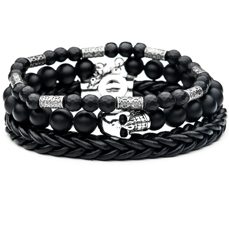 CATACOMB Skull Bracelet Stack for Men with Black Leather and Beads