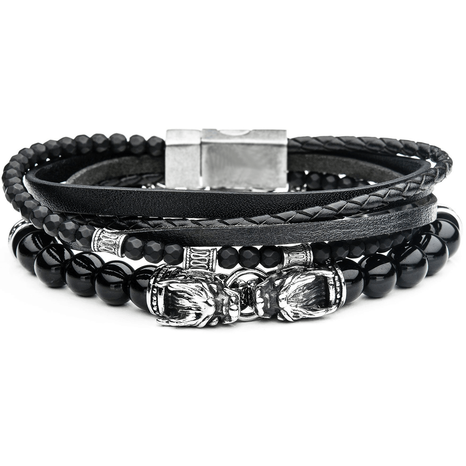 BLACK DRAGON Black Leather & Bead Mens Bracelet Stack w/ Steel Dragons