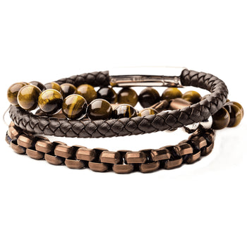 ESPRESSO Mens Bracelet Stack with Steel Brown Leather & Tiger Eye Bead