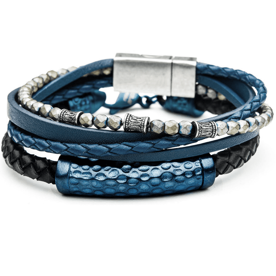 WAVERIDER Blue Leather & Steel Mens Bracelet Stack with Hematite Beads