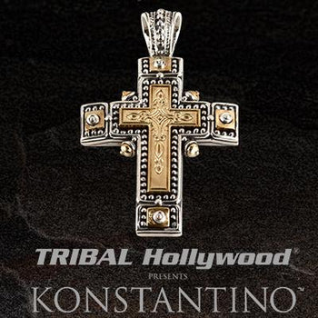 Konstantino RIVETED BRONZE GREEK CROSS Mens Necklace Pendant