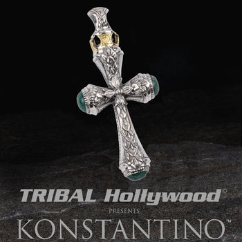 Konstantino HEONOS GREEN AVENTURINE CROSS Silver Mens Chain Pendant