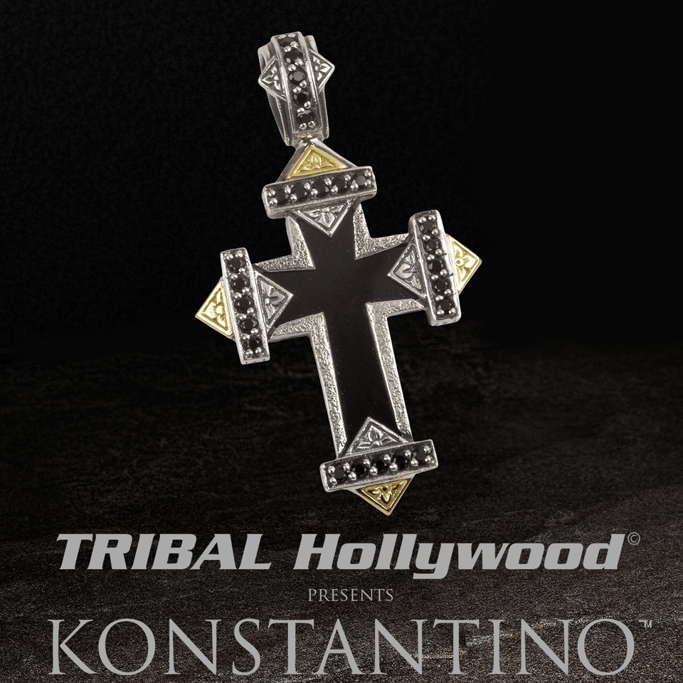 Konstantino FORTIFIED CROSS Onyx Mens Chain Pendant in Silver and Gold