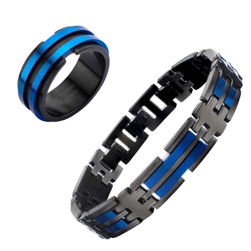 AVALANCHE COLLECTION Black and Blue Steel Bracelet and Ring for Men