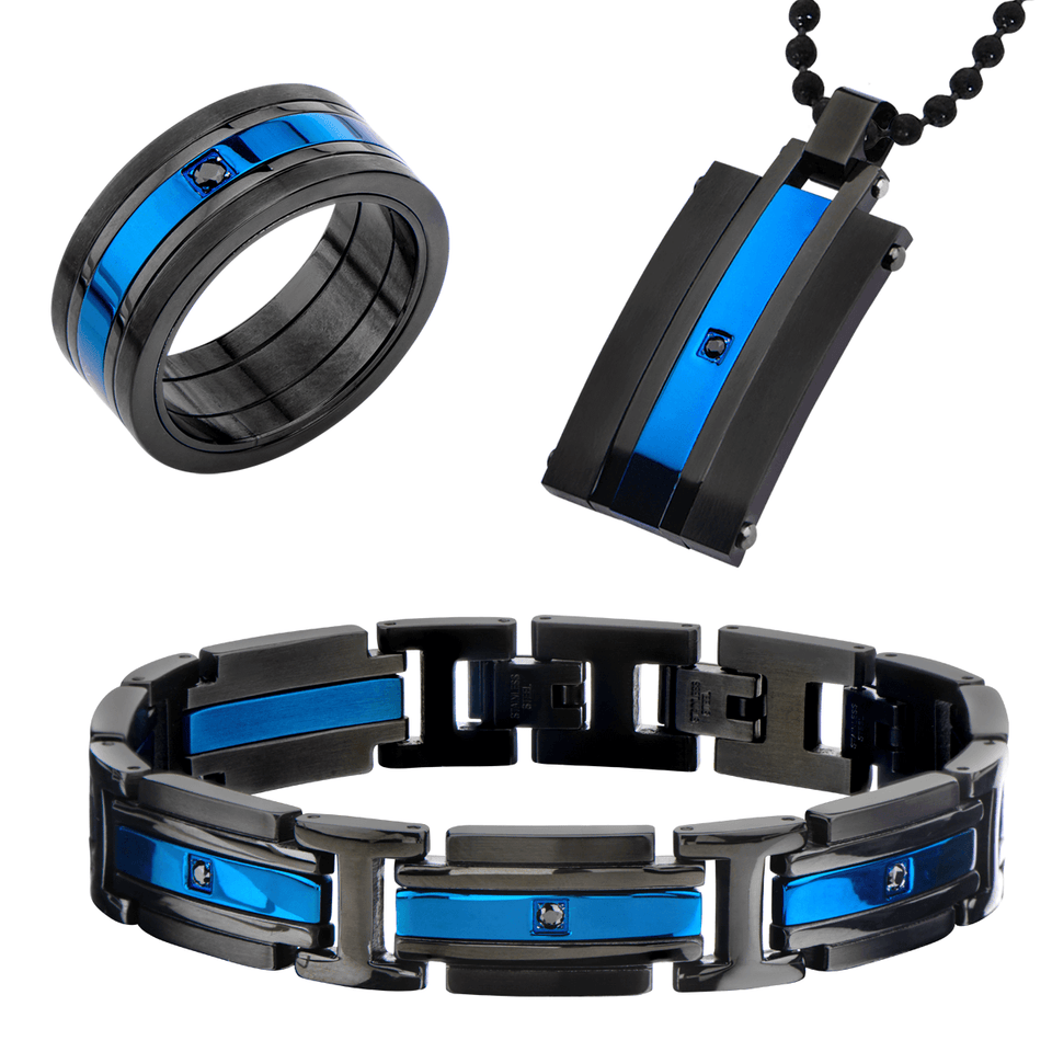 GLACIER COLLECTION Mens Black and Blue Steel Bracelet Dog Tag and Ring