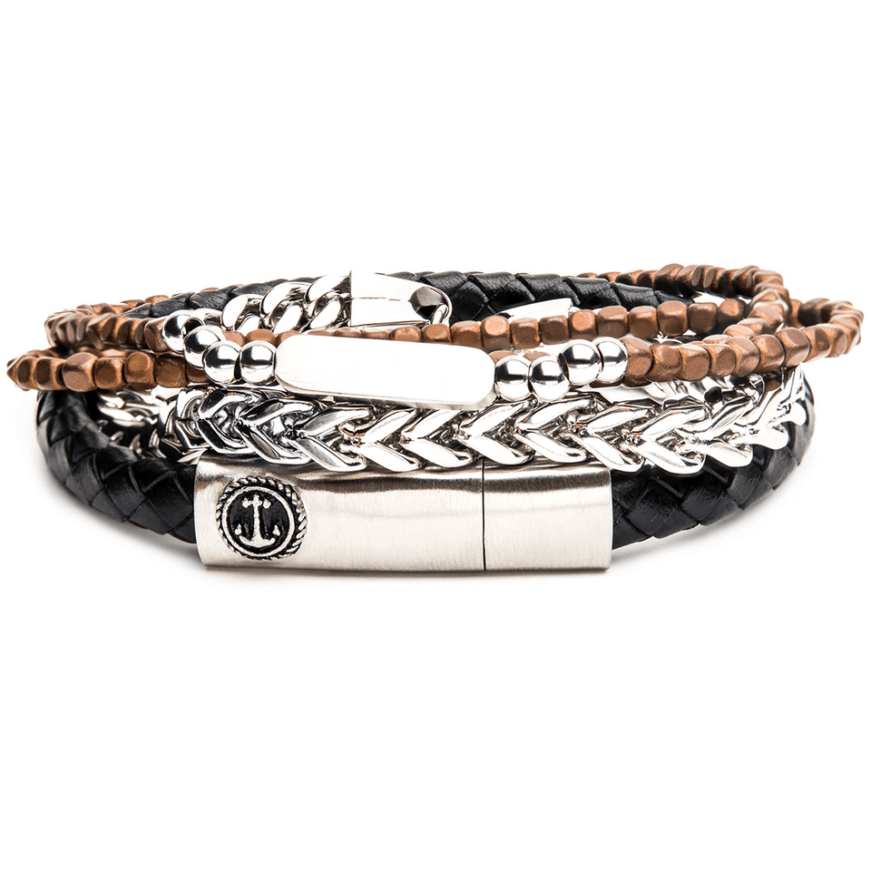 MARINER Mens Bracelet Stack with Steel Anchor Leather and Brown Beads