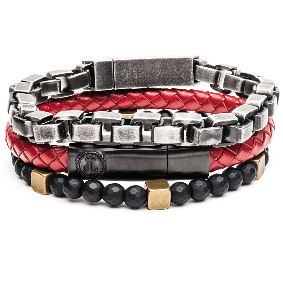 THE PIRATE Mens Multi-Bracelet Stack with Red Leather Anchor Design