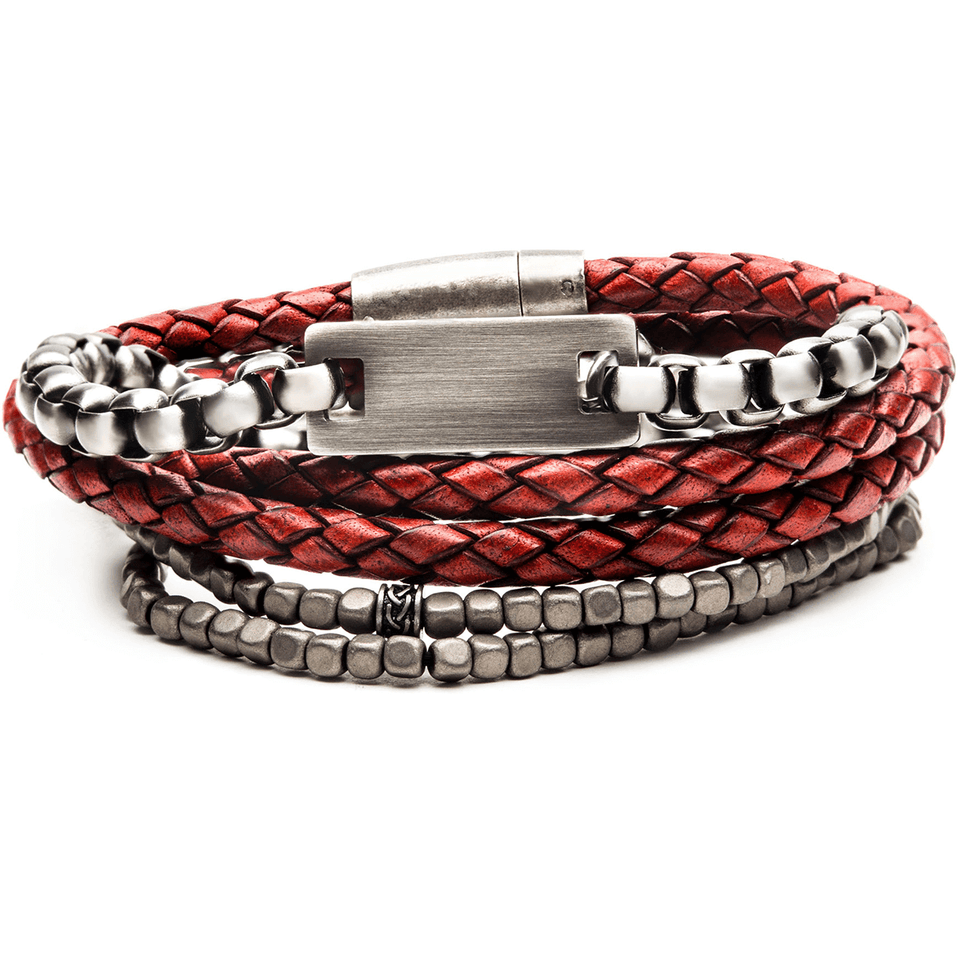 FIRE PIT Bracelet Stack for Men with Red Leather Steel and Grey Beads