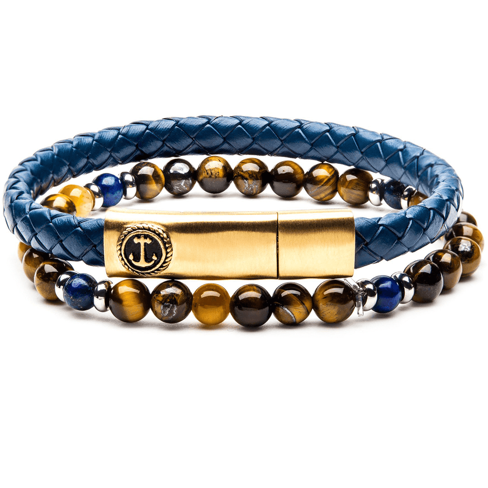 BON VOYAGE Mens Bracelet Stack with Blue Leather Anchor and Tigers Eye