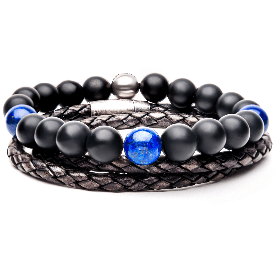 HAILSTONE Mens Bracelet Stack Leather and Beaded Mens Bracelets