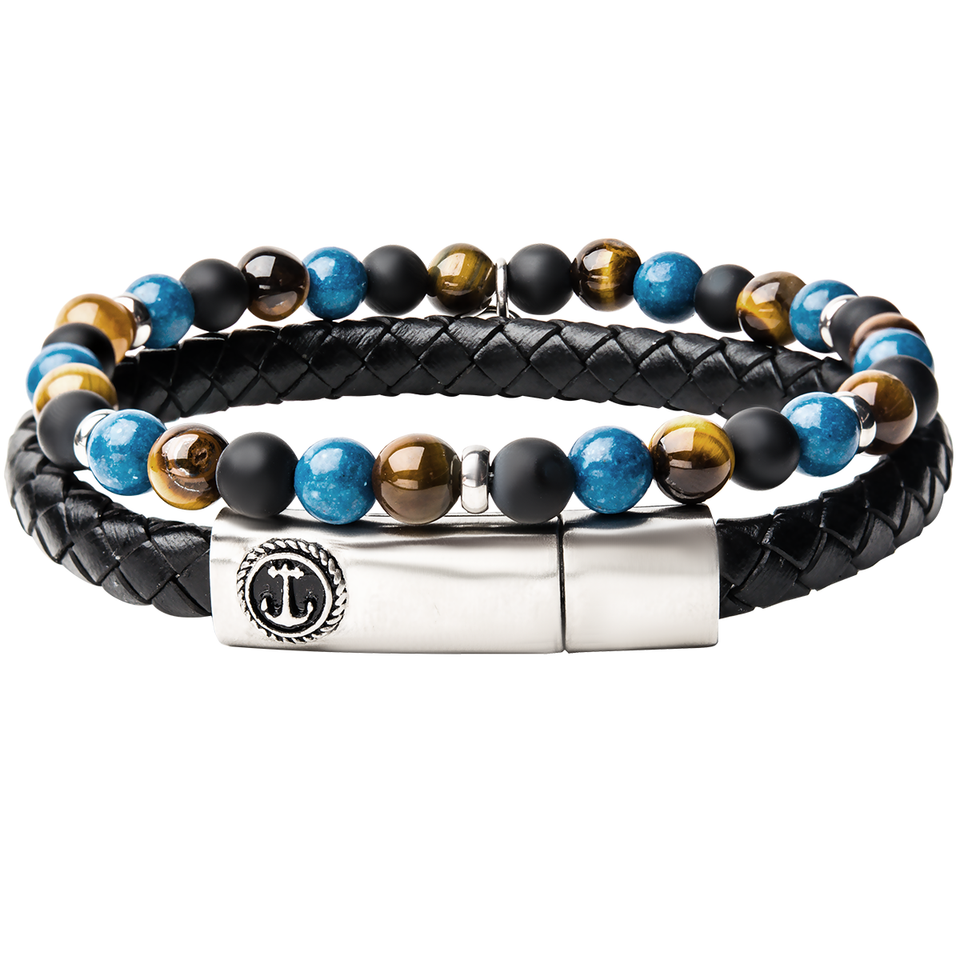 STORMS EYE Mens Bracelet Stack with Black Leather and Colorful Beads