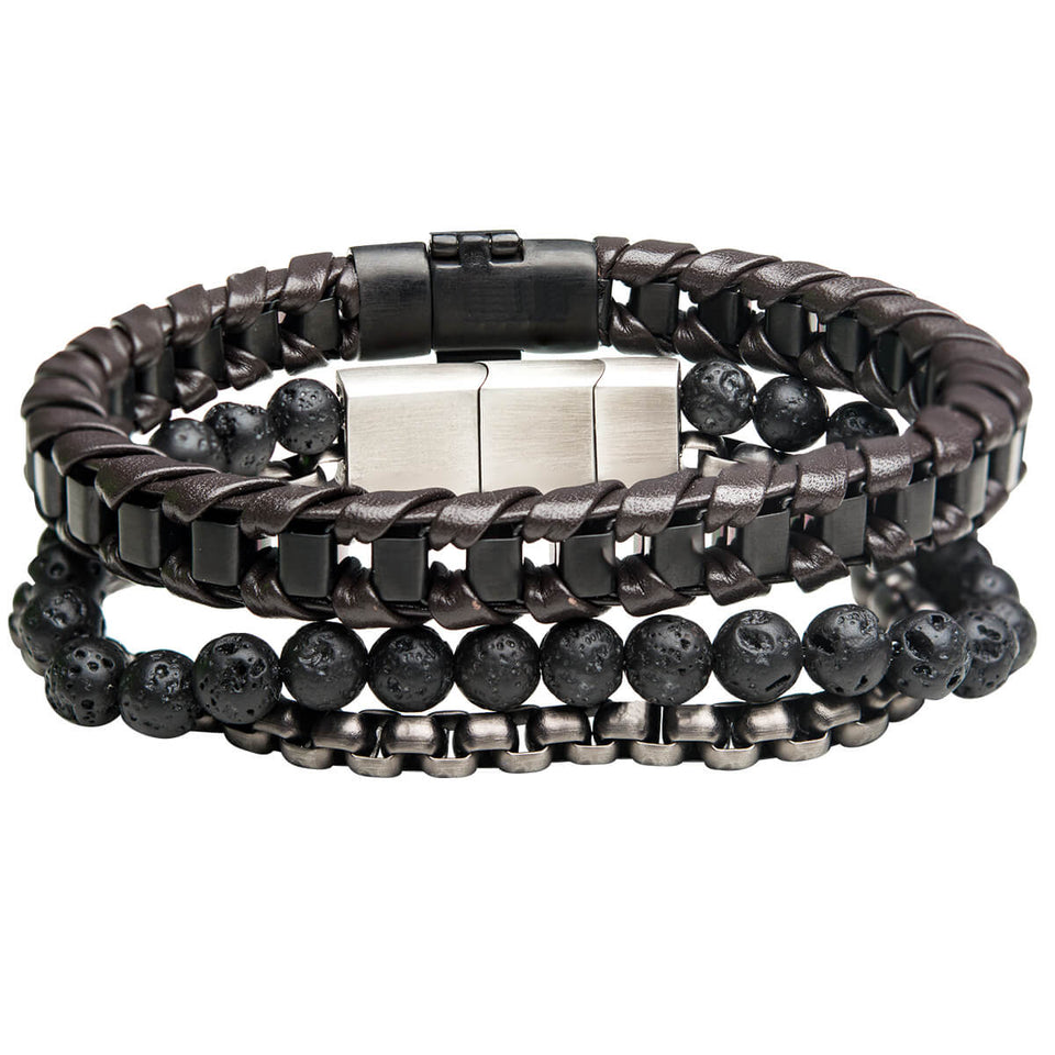 MOTLEY CREW Mens Bracelet Stack with Lava Beads Steel and Leather