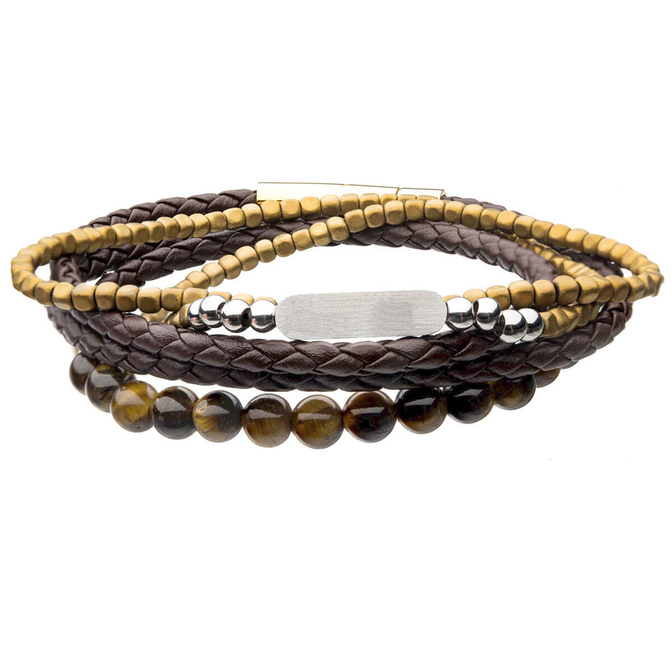 SANDCASTLE Mens Bracelet Stack with Tiger Eye Brown Leather and Hematite