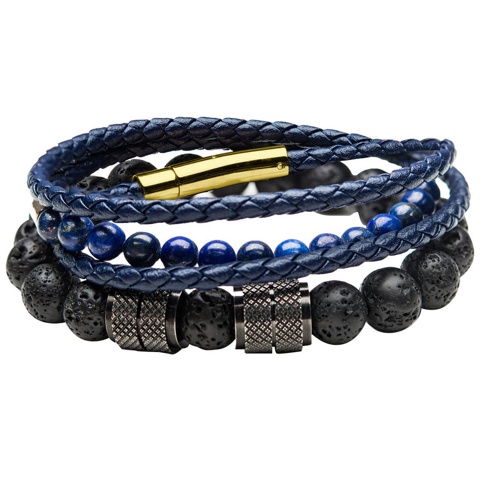 THE PIPELINE Blue Leather Bead and Gold Steel Bracelet Stack for Men