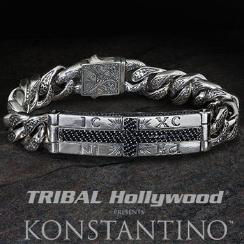 Konstantino Black Cross Greek Letters Mens ID Bracelet
