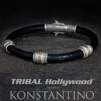 Konstantino Wine Barrel Silver Beads Mens Leather Bracelet 