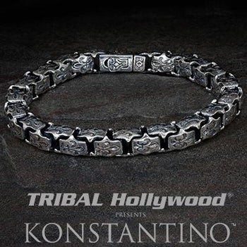 Konstantino Wine Barrel Silver Beads Mens Leather Bracelet 