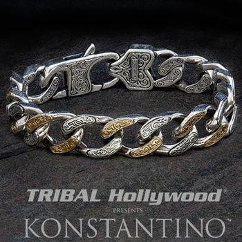 Konstantino Silver and Gold Greek Scrollwork Mens Bracelet