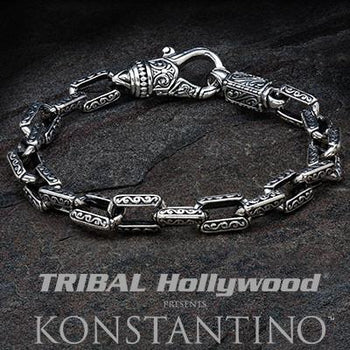 Konstantino Greek Rectangular Link Silver Mens Bracelet