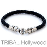 BLACK BRAIDED THICK LEATHER BRACELET with Draco Wolf Head Metalwork by Bico Australia Closed