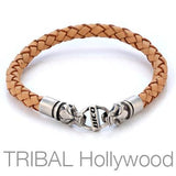BROWN BRAIDED THICK LEATHER BRACELET with Draco Wolf Head Metalwork by Bico Australia Closed