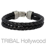 Braided Black Leather Double Strap Mens Bracelet by BICO
