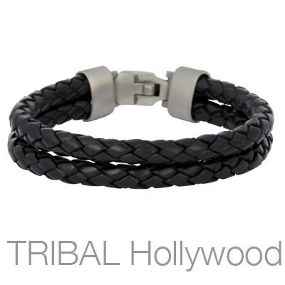 Braided Black Leather Double Strap Mens Bracelet by BICO