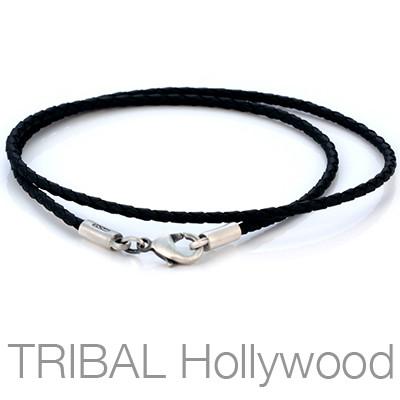 BLACK BRAIDED FAUX LEATHER NECKLACE Thin Width