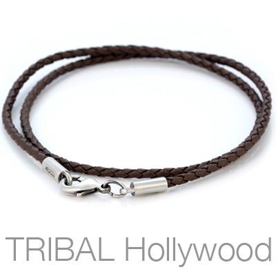 BROWN BRAIDED FAUX LEATHER NECKLACE Thin Width
