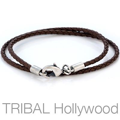 BROWN BRAIDED FAUX LEATHER NECKLACE Medium Width