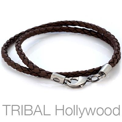 BROWN BRAIDED FAUX LEATHER NECKLACE Thick Width