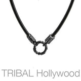 BLACK LEATHER NECKLACE with Gunmetal Warrior Metalwork Close-up