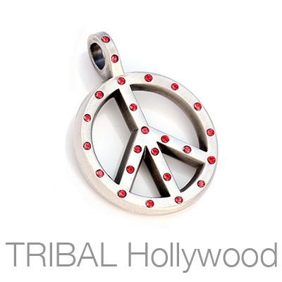 Bico Crystal Peace Sign Mens Peace Symbol Necklace Pendant Red