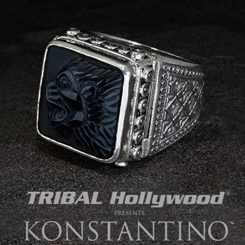 Konstantino Roaring Lion Sterling Silver and Onyx Mens Ring