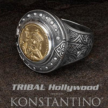 Konstantino Constantine Bronze Coin Mens Silver Ring