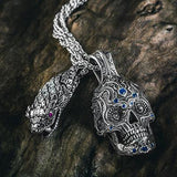 William Henry Large 3D Sugar Skull Sterling Mens Necklace with Sterling Silver Snake Head Necklace