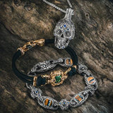 William Henry Large 3D Sugar Skull Sterling Mens Necklace with William Henry Dinosaur Bone and Mammoth Tooth Fossil Bracelets